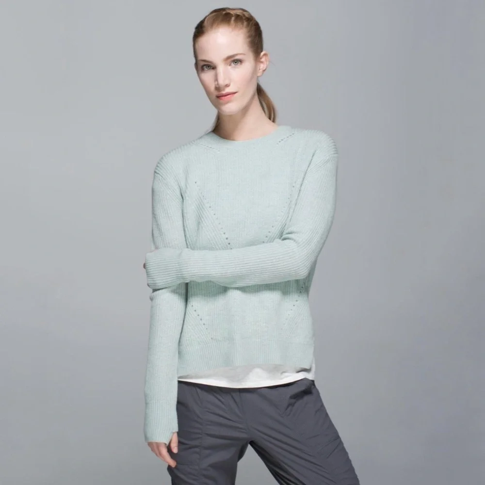 Lululemon Seva Sweater Merino Wool Pointelle Knit High Low Pullover Minty Grey 4